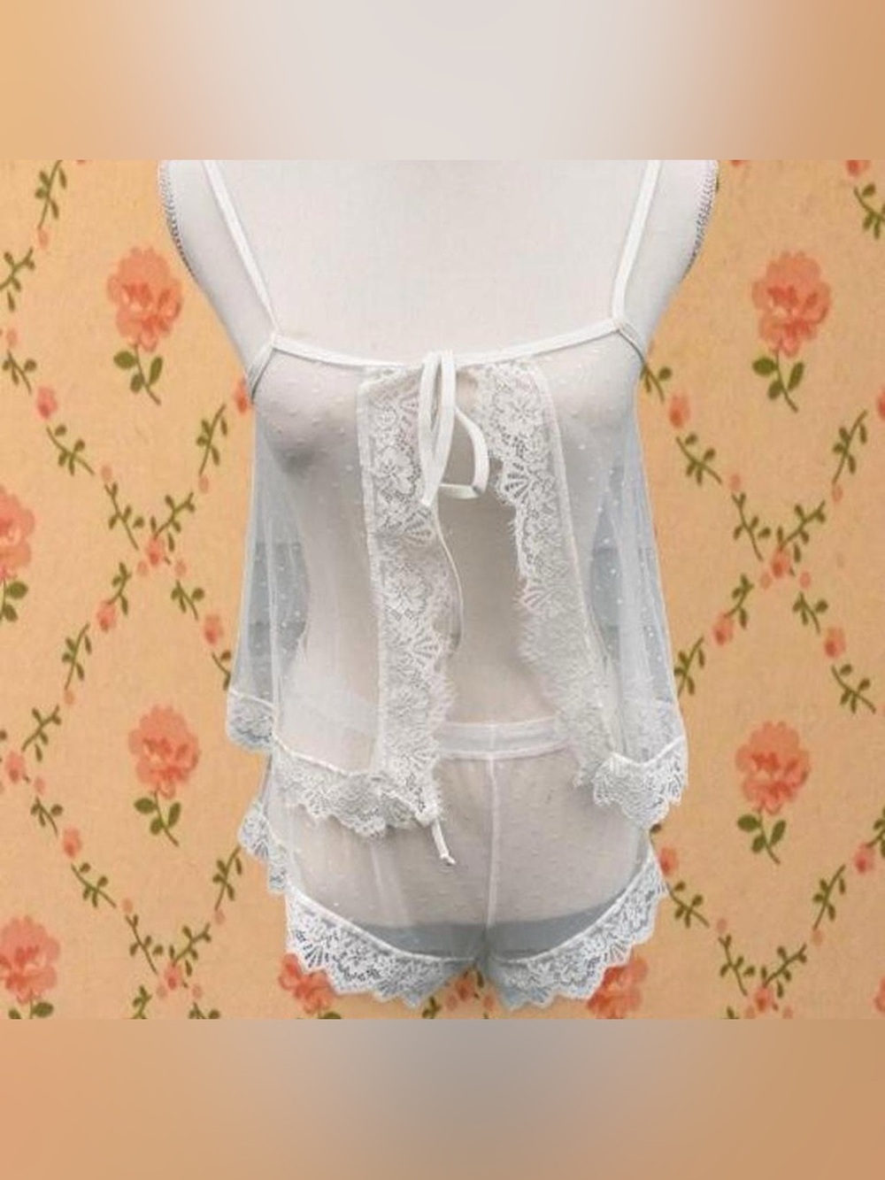 Sheer Lace Trim White Women's Camisole & Shorts Sleep Set